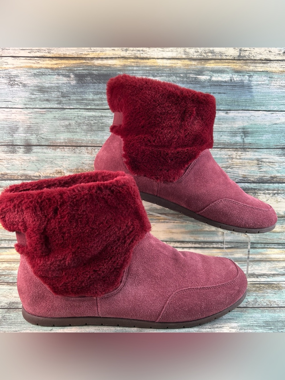 VIONIC Maizie Bootie Slippers 10 Faux Fur Pull On Arch Support Burgundy Suede